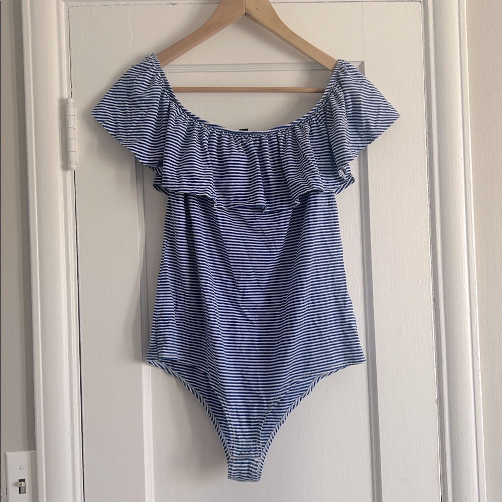 Off the shoulder J. Crew Blue and White Bodysuit (XL)